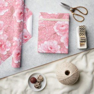 Papel De Presente Peônias Rosa Floral Ouro Elegante
