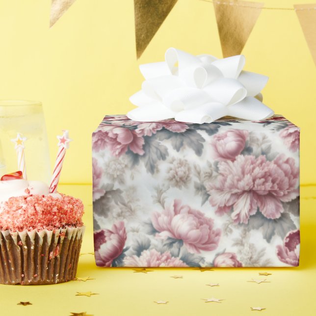 Papel De Presente Peônias Rosa País Francês (Festa de aniversário)
