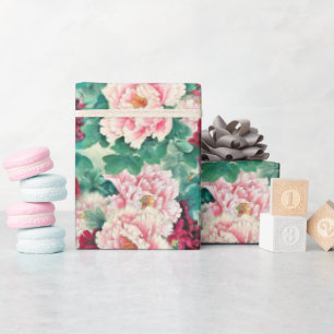 Papel De Presente Pêonias Rosa Vermelhas e Pêonias Verdes Padrão