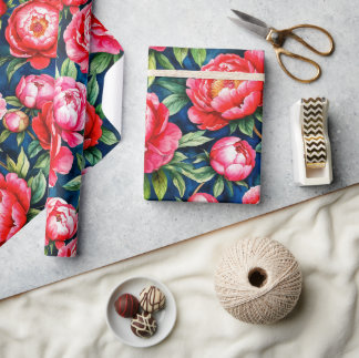 Papel De Presente Peônias Rosa Vermelho & Folhas Verdes Padrão Azul