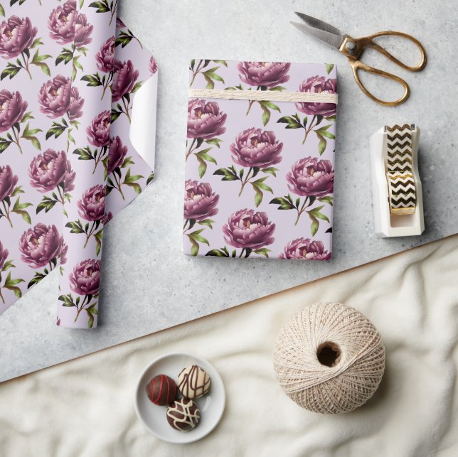 Papel De Presente Peônias Roxas Lavanda Clara Românticas (Artesanato)