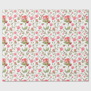 Papel De Presente Peony Floral de Aquarela - Rosa e Verde