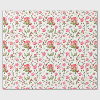 Papel De Presente Peony Floral de Aquarela - Rosa e Verde