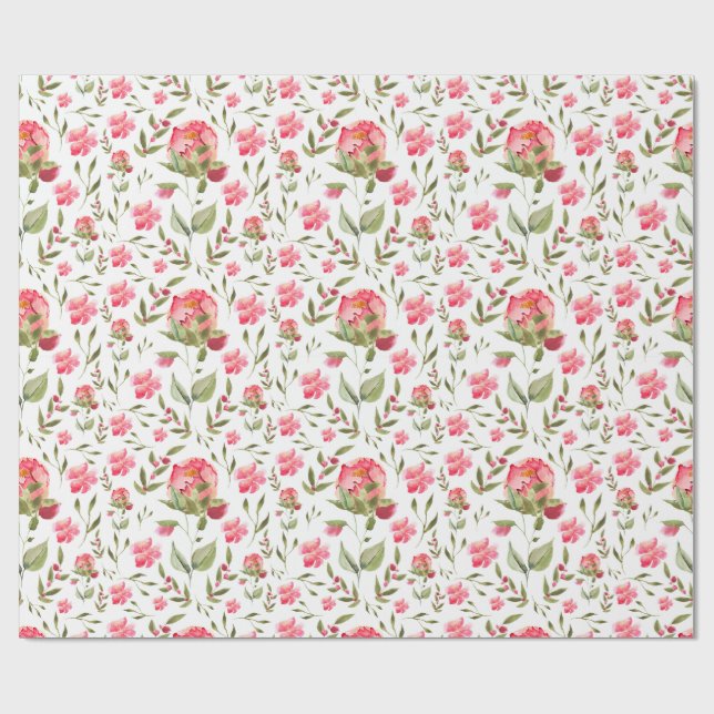 Papel De Presente Peony Floral de Aquarela - Rosa e Verde (Aberto)