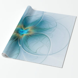 Papel De Presente Pequena Beleza Arte Fractal Flor Azul Moderno Dour