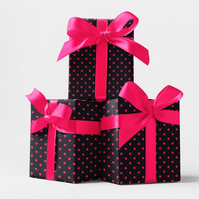 Papel De Presente Pequena Bolinha Preto e Rosa Quente (Black and Hot Pink Small Polka Dot Wrapping Paper)