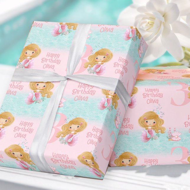 Papel De Presente Pequena Sereia Loura Cabelo Rosa (Little Mermaid Blond Hair Pink Girl Wrapping Paper)