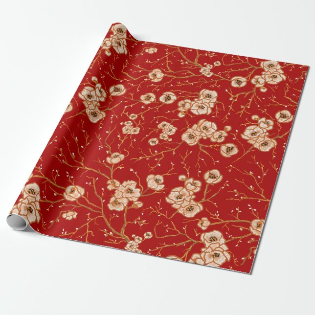 Papel De Presente Pequenas flores no padrão vermelho (Desenrolado)