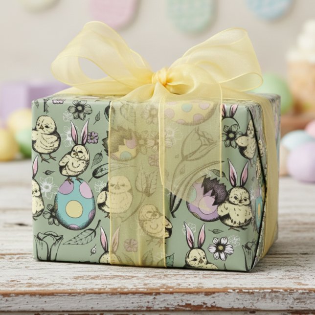 Papel De Presente Pequenas Páscoas, Orelhas, Ovos e Flores (Cute Easter Chicks Wrapping Paper with Rabbit Ears & Colorful Eggs for Kids Easter Baskets, Egg Hunt)