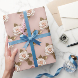 Papel De Presente Pequenas Rosas em Tons de Marfim e Dourado