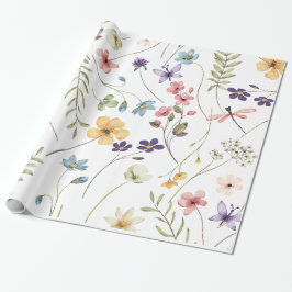 Papel De Presente Pequeno Brilhante Flores Selvagens Aquarela Aniver