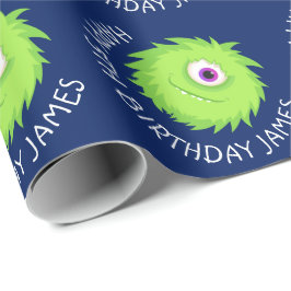 Papel De Presente Pequeno Monstro Azul Verde Personalizado