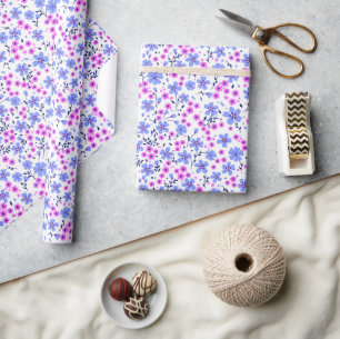 Papel De Presente Pequeno padrão floral branco azul rosa fofo