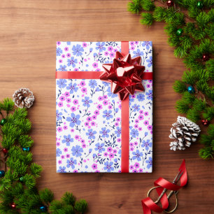Papel De Presente Pequeno padrão floral branco azul rosa fofo