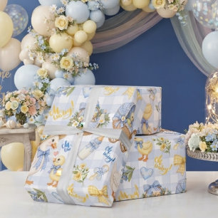 Papel De Presente Pequeno Patinho Xadrez Azul Oh Bebê