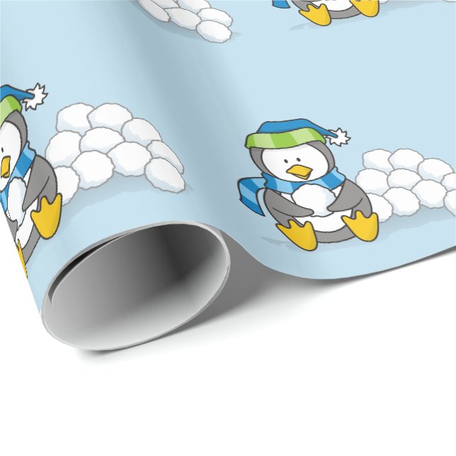Papel De Presente Pequeno pinguim sentado com bolas de neve embrulha (Ponta do rolo)