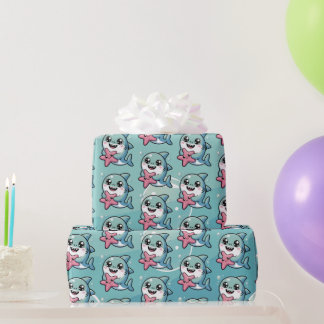 Papel De Presente Pequeno tubarão e peixe-estrela de Kawaii, bonito