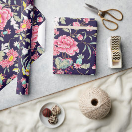 Papel De Presente Pequim Rosa e Pássaros do Japão, luxo e romântico