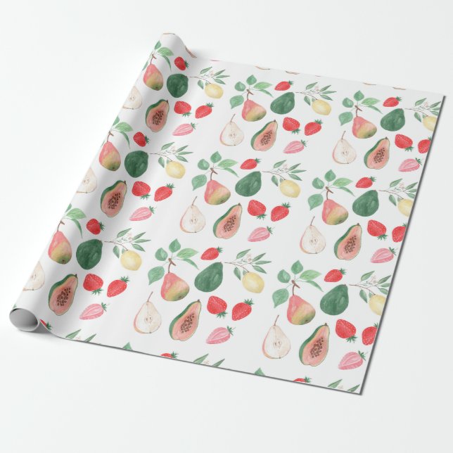 Papel De Presente pera, morango, mamão, limão, fruta, na moda (Desenrolado)