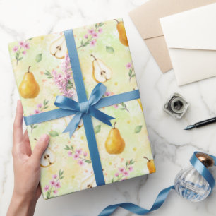 Papel De Presente Pêras Amarelas Botânicas & Aquarela de Flores de P