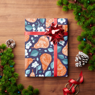 Papel De Presente Peras e Blossomas em Laranja e Azul