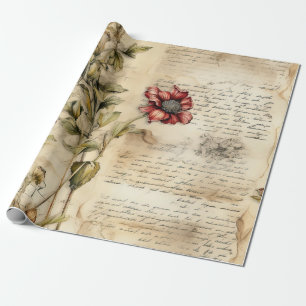 Papel De Presente Pergaminho Vintage com Decoupage Floral Elegante
