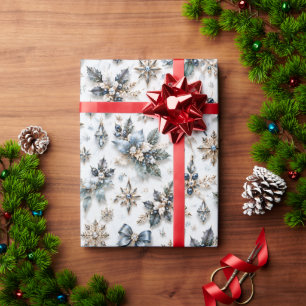 Papel De Presente Pérola de Inverno Azul Prata Natal