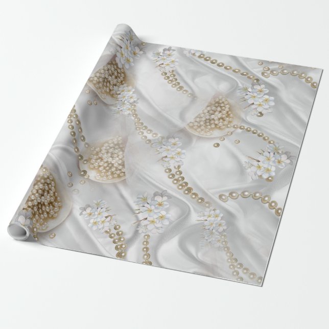 Papel De Presente Pérolas Brancas de Seda e Ivória (Desenrolado)