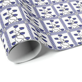 Papel De Presente Persa Asiático Azul Floral Geométrico