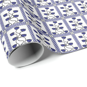 Papel De Presente Persa Asiático Azul Floral Geométrico