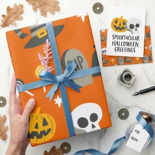 Papel De Presente Personagem Infantil de Abóbora Laranja Assustador