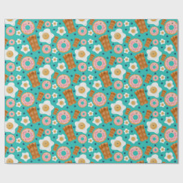 Papel De Presente Personagens de Café da Manhã Azul Pastel Sem Costu