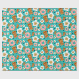 Papel De Presente Personagens de Café da Manhã Azul Pastel Sem Costu