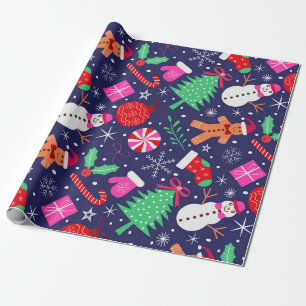 Papel De Presente Personagens de Natal Elegantes com laços em azul e