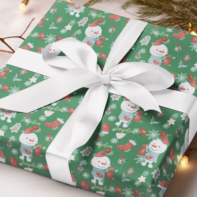 Papel De Presente Personalidade Verde Vermelho de Neve de Cartoon Bo (Cute Cartoon Snowmen Red Green Custom Wrapping Paper
)