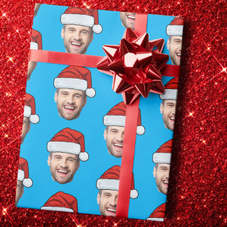 Papel De Presente Personalised Face Santa Hat Blue Gift Wrap