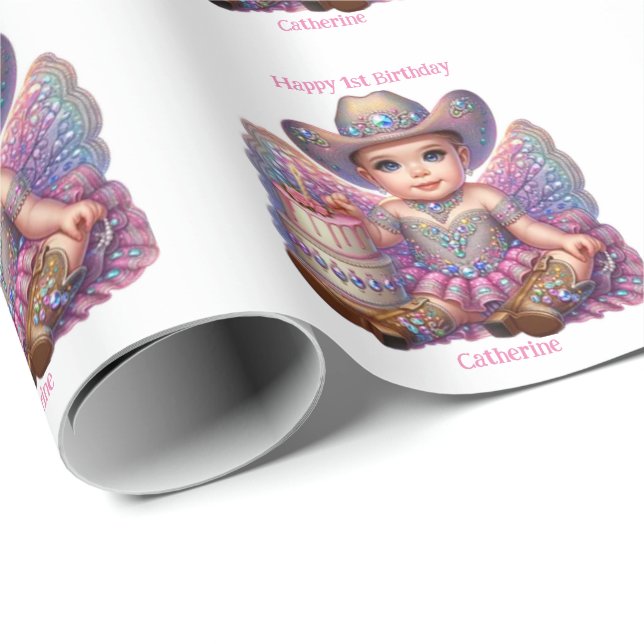 Papel De Presente Personalização do Primeiro Aniversário da Cowgirl  (Ponta do rolo)