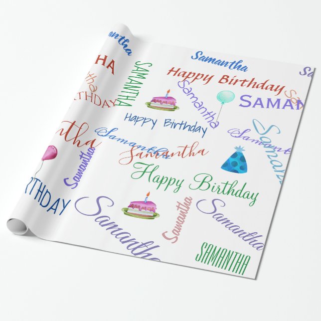 Papel De Presente Personalizado Adicionar um Nome Feliz Aniversário  (Desenrolado)