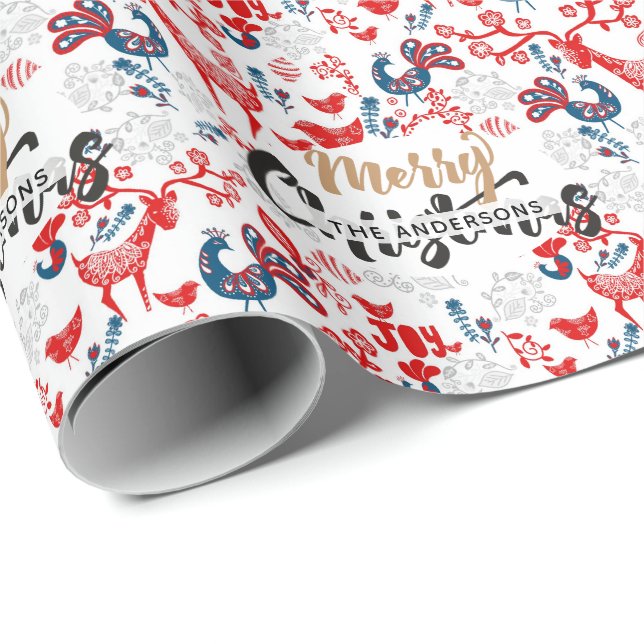 Papel De Presente Personalizado Arte Folclórica Natal RED BLUE Stags (Ponta do rolo)