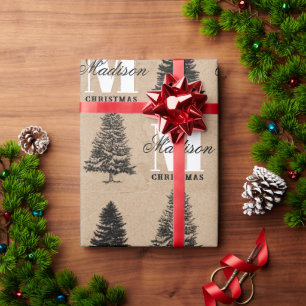Papel De Presente Personalizado Feliz Natal Kraft Monograma Vintage