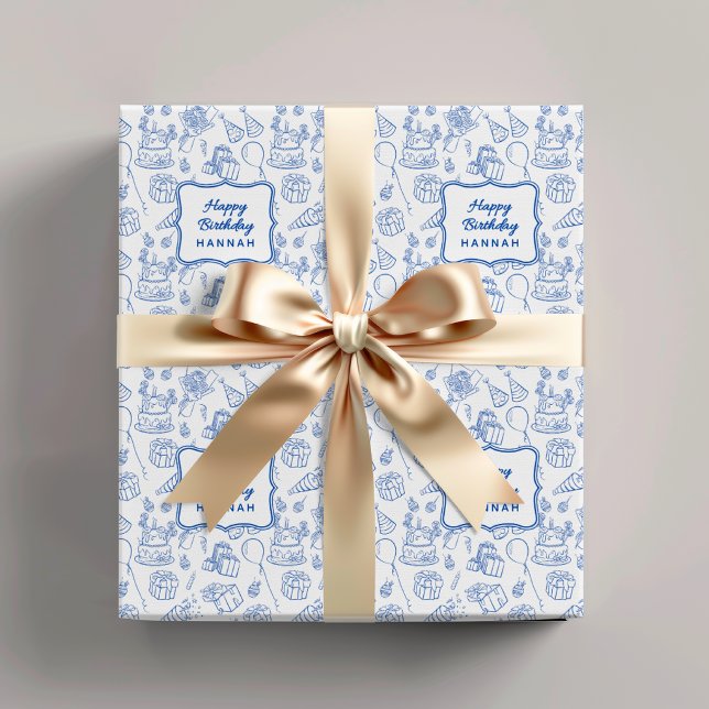 Papel de Presente Personalizado para Aniversário d (Blue Birthday Wrapping Paper, Kids Birthday Gift Wrap, Girls Boys Birthday Wrapping Paper)