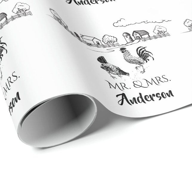 Papel De Presente Personalizado Sr. e Sra. Chickens Casamento de Faz (Ponta do rolo)