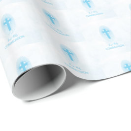 Papel De Presente Personalizar, Cruz da Primeira Comunhão Menino Azu