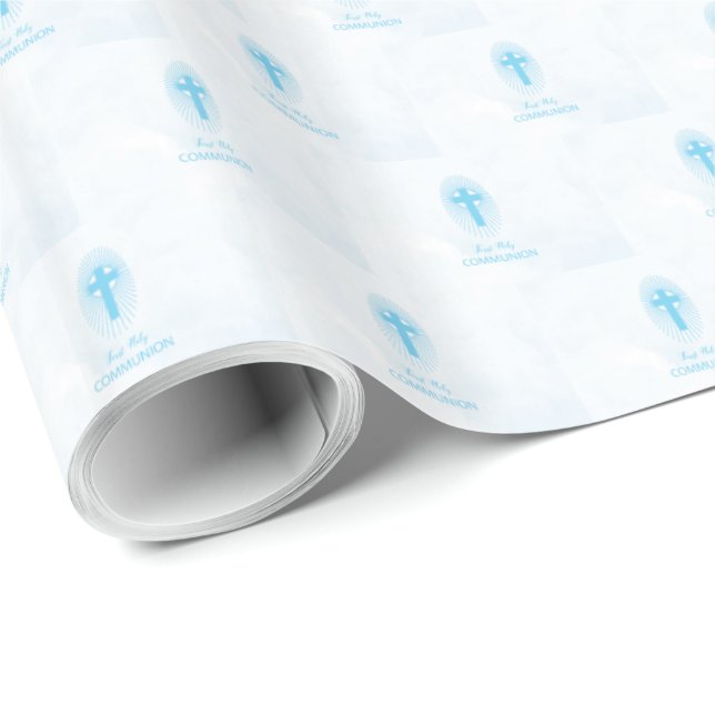 Papel De Presente Personalizar, Cruz da Primeira Comunhão Menino Azu (Ponta do rolo)