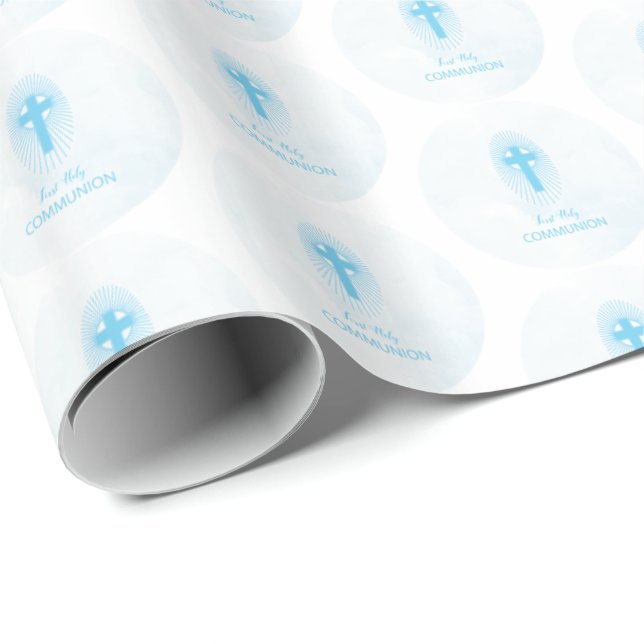 Papel De Presente Personalizar, Cruz da Primeira Comunhão Menino Azu (Ponta do rolo)