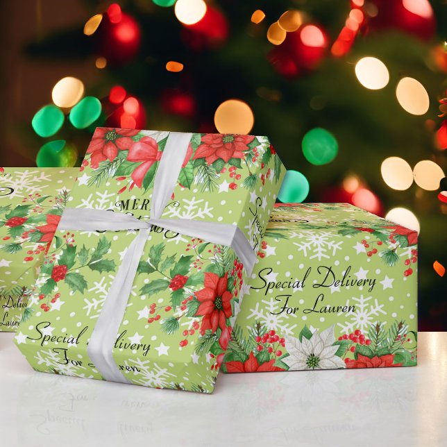 Papel De Presente Personalizar nome Poinsettia de Natal Flocos de Ne (Criador carregado)