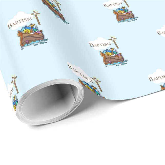 Papel De Presente Personalizável, Arca de Noé no Batismo de Menino (Ponta do rolo)