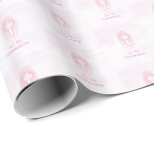 Papel De Presente Personalize, Cruz da Primeira Comunhão Rosa