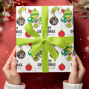 Papel De Presente Personalize Foto da Família - Grinch com Enfeites