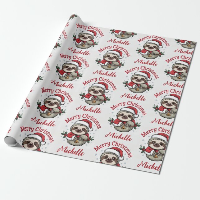 Papel De Presente Personalized Cute Sloth Santa Hat Holiday          (Desenrolado)